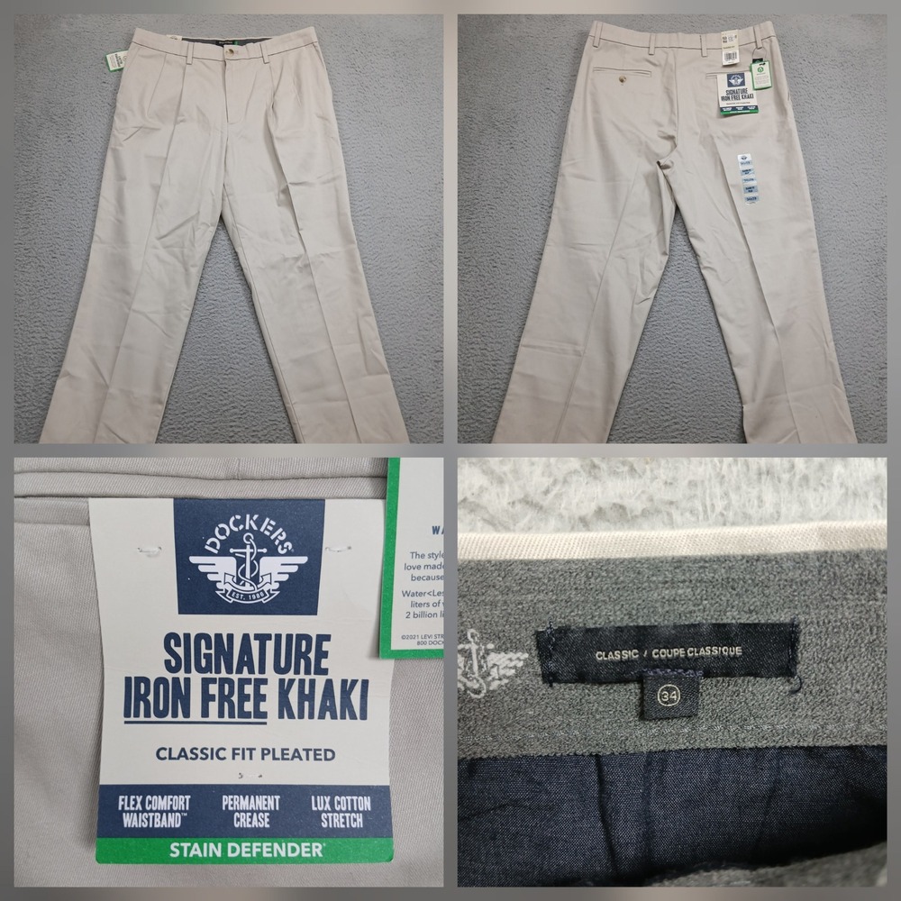 Dockers Signature‎ Iron Free Khaki Pants Mens 34x29 Tan Pleated Classic Fit NWT